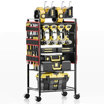 5 - Tier Power Tool Organizer Cart - 300 lbs Heavy Duty Utility Rack Shelf, Rolling Drill Holder & Tool Storage Cart on Wheels for Garage, Workshop, Ideal Gift for Men (no Power)