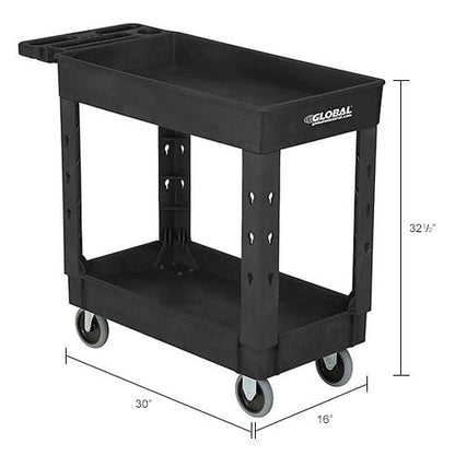 Global Industrial Industrial Service & Utility Cart, Plastic 2 Shelf Tray Black, 38” x 17-1/2”, 5" Rubber Casters - color: Black