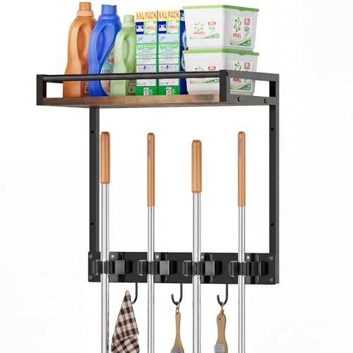 Broom Holder Wall Mount with Shelf Load 66LBS Broom and Mop Organizer Wall Hanging Broom Hanger with 4 Mop Hanger Grippers, 3 Hooks for Laundry Room, Garage, Utility Closet, Kitchen, 1 Pack - style: 1 Pack