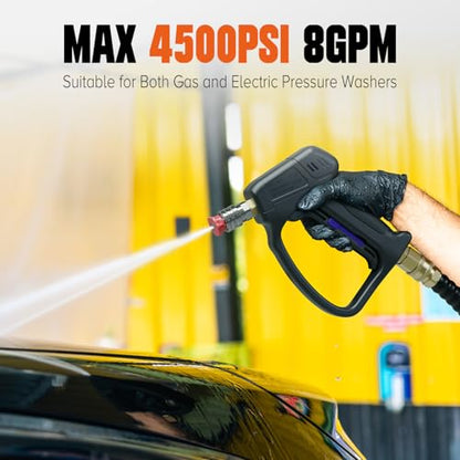 Short Pressure Washer Gun, 4000 PIS Power Washer Gun Car Washing | Stubby High Pressure Washer Gun, M22-14mm, 3/8" Male Plug, 1/4" Quick Connect, 5 Spray Nozzle, Car Wash Gun for Foam Cannon - color: Black-Fixed Inlet