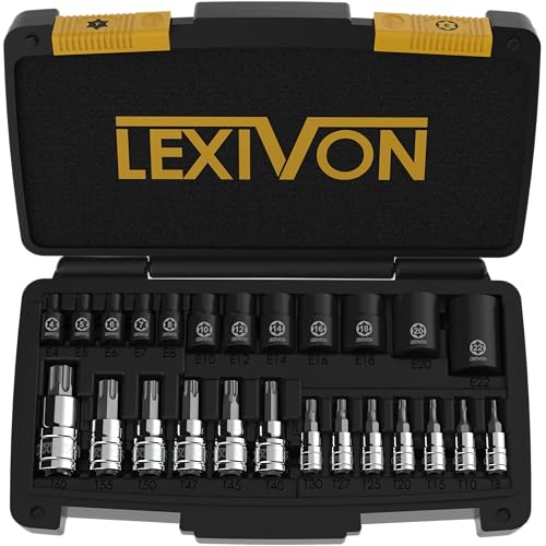 LEXIVON Master Torx Bit and Socket Set, Premium S2 Alloy & Cr-V Steel | 25-Piece, Bit Socket T8-T60 & E-Torx E4-E22 | Heavy-Duty Storage Case (LX-148) - style: Master Torx Bit Socket Set