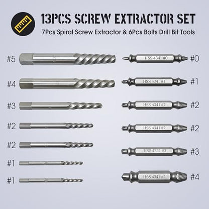 13-Piece Screw Extractor Set, Easy Out Kit with Spiral & Double-Ended Extractors for Removing Stripped, Broken, Damaged & Rusted Screws, Bolts & Nuts - size: 13PCS