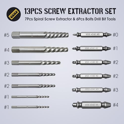 13-Piece Screw Extractor Set, Easy Out Kit with Spiral & Double-Ended Extractors for Removing Stripped, Broken, Damaged & Rusted Screws, Bolts & Nuts - size: 13PCS
