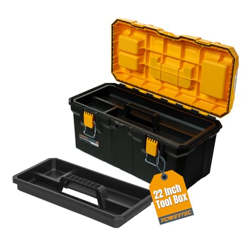POWERTEC 22-Inch Tool Box with Trays - Lockable, Metal Latch, Organizer, Portable Storage for Tools, Small or Mid-Sized Parts (72363)