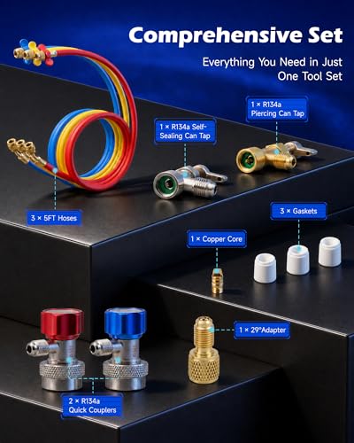 Orion Motor Tech AC Gauge Set, 3-Way AC Manifold Gauge Set for R12 R134a R502 R22 Refrigerant with 5 ft. Hoses, Automotive A/C Gauge with R134a Couplers Self-Sealing & Piercing Can Taps 29° Adapter - size: R134a R22 R12 R502