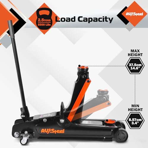 AV Steel Low Profile Floor Jack 2.5 Ton (5000 lbs), Lift Range 3.4" to 14.6" for Cars & Sedans, Hydraulic Steel Jack with Single Piston Pump - Not for Trucks or SUVs