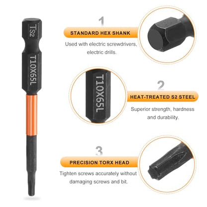 HARFINGTON 3pcs T10 Torx Head Screwdriver Bit 2.56" (65mm) Long 1/4" Hex Shank Magnetic No Hole Tamper Proof 6 Point Star Screw Driver Drill Bits Phosphate S2 Steel Industrial Power Tools - size: T10