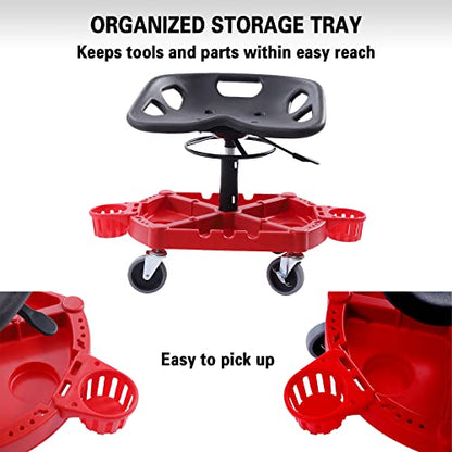 Shop Stool, 330 LBS Rolling Garage Stool, 19.6” to 25” Adjustable Height Mobile Rolling Gear Seat, Organized Tool Tray Garage Pneumatic Stool Mechanic Seat, 4" Casters with Two Brakes (B-9017)