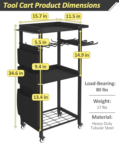 4-Tier Rolling Power Tool Organizer Storage Cart, Garage Organization on Wheels Tool Cart with Drill Set Rack Shelf, Mechanic Utility Cart for Workbench & Outdoors Working, Gift for Men Dad