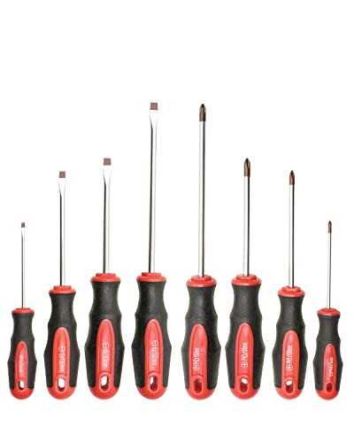ROTATION 8-Piece Magnetic Screwdrivers Set with red tip, 4 Phillips and 4 Slotted Tips, Professional Cushion Grip Screwdriver Set with High Torque - color: 4pc Phillips+4pc Flat