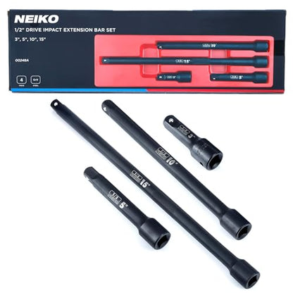 NEIKO 00248A 1/2-Inch-Drive Impact Extension-Bar Set, Impact Socket Extension Made with CrV Steel, 1/2 Impact Extension Set Includes 3-Inch, 5-Inch, 10-inch, 15-inch - size: 4 Piece, (3", 5", 10", 15"), style: Impact Extension