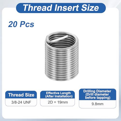 PATIKIL Wire Thread Inserts 3/8-24 UNF 2D 19mm, 20Pcs 304 Stainless Steel Helical Coiled Wire Screw Threaded Sleeve Sheath for Mechanical Equipment Automotive Repairs - size: 3/8-24 UNF, 19mm