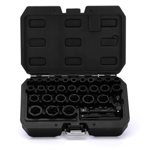 34PCS Impact Bolt Extractor Kit, Bolt & Nut Remover Socket Tool Kit, 6mm to 10mm, 13/32" to 3/4", CR-MO, Stripped Bolt Extractor for Damaged Screws and Bolts
