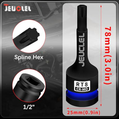 RT8 Spline Bit Socket, 1/2" Drive Spline Hex 6 Point Impact Socket | 3-Inch, Cr-Mo Steel, Lengthen Screwdriver Adapter for Electric Ratchet Wrenches, Fastening Screws, Socket Wrench, Head Drill - size: RT8