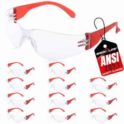 BISON LIFE Clear Safety Glasses – ANSI Z87.1 Certified Scratch & Impact Resistant Eye Protection Goggles for Men & Women - color: Clear/Red