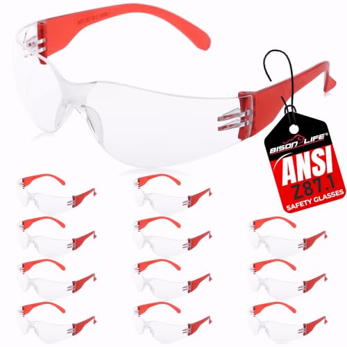 BISON LIFE Clear Safety Glasses – ANSI Z87.1 Certified Scratch & Impact Resistant Eye Protection Goggles for Men & Women - color: Clear/Red