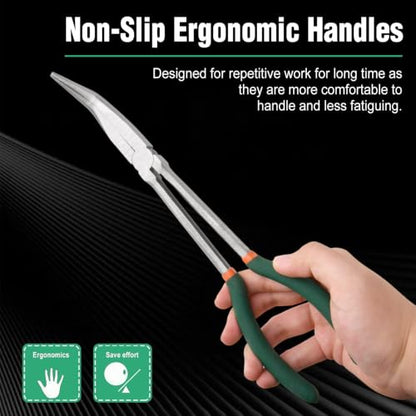 SPEEDWOX Long Reach Bent Nose Pliers 11 Inches 45 Degree Intermeshed Teeth Precision Fine Pliers for Hard to Reach Narrow Spaces High Leverage Reduce Efforts Non-slip Handle - style: 45°Bent Nose Pliers
