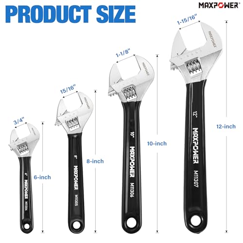 MAXPOWER Adjustable Wrench Set, 4-Piece Adjustable Wrenches 6-inch, 8-inch, 10-inch and 12-inch, Metric & SAE Scales, Extra-Wide Jaw and Soft Girp Wrench Set