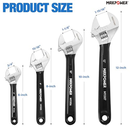 MAXPOWER Adjustable Wrench Set, 4-Piece Adjustable Wrenches 6-inch, 8-inch, 10-inch and 12-inch, Metric & SAE Scales, Extra-Wide Jaw and Soft Girp Wrench Set