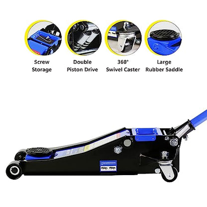 Floor Jack, Professional Heavy Duty Hydraulic Floor Jack, Low Profile Steel Racing Floor Jacks w/2 Piston Quick Lift Pump, Lifting 3.3"-18.5" 3 Ton(6000lb) Capacity Blue - color: Lift 3.3"-18.5" 3 Ton(6,000lb) Blue Steel