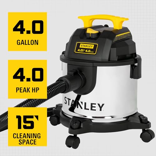 STANLEY 4 Gallon Wet Dry Vacuum, 4 Peak HP Stainless Steel 3 in 1 Shop Vacuum Blower with Powerful Suction, Vacuum for Job Site, Garage, Basement, Workshop, Top Handle, Portable Wet Dry Vac SL18301-4B - size: 4 Gallon, 4.0 HP