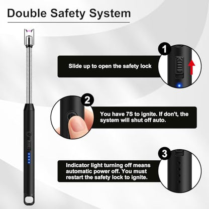 LcFun Candle Lighter with 360° Flexible Neck & Safety Lock, Windproof USB Rechargeable Electric Lighter Gift Sets, Flameless Arc Long Lighters Matches for Grill, BBQ, Camping, Fireplace, Stove - color: Black
