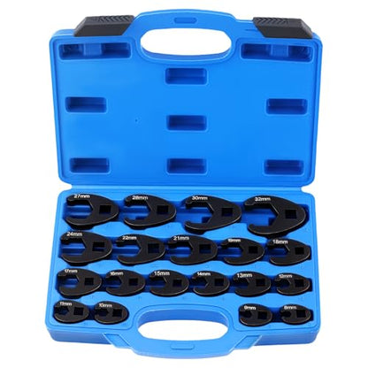 maXpeedingrods Crows Foot Wrench Set 1/2" and 3/8” Drive Flare Nut Crowfoot Set, 19 Pcs 8-32 mm 6 Point Crows Feet Wrenches, Large & Small Metric Flare Nut Tool Kit for Nut Removal and More