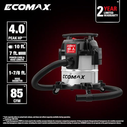 ECOMAX 5 Gallon Ultra Quiet Stainless Steel Shop Vacuum Wet and Dry | 4 Peak HP, 80% Quieter Operation, Durable Long Life Motor, Portable Vacuum for Garage, Workshop, Jobsite, Complete Accessory