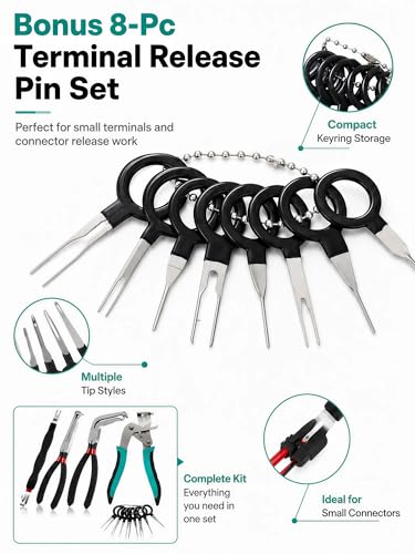 Electrical Disconnect Pliers and Car Clip Removal Tool Set | 4 automotive disconnect and clip tools plus 8 terminal release pins for wiring connectors, trim clips and fastener removal