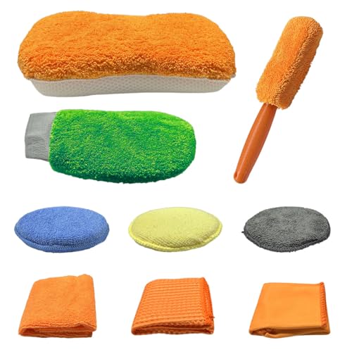 9PCS Car Cleaning Kit, No-Scratch Auto Detailing Tools Set with Wash Mitt, Large Sponge, Wheel Brush, Wax Applicator Pads and Microfiber Towels for Car Interior and Exterior Care (Colorful) - color: Colorful