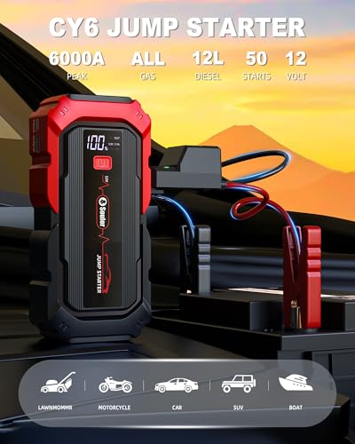 Jump Starter Battery Jumper Starter Portable Car Battery Jump Starter for Up tp All Gas & 12L Diesel, 12V 6000A Portable Jump Box with 3 Modes Flashlight and Jumper Cable - color: 6000A+CY6+EVAbag