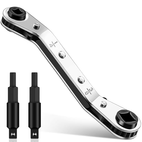 HVAC Service Wrench Set, Air Conditioner Valve Ratchet Wrench | HVAC tools: 3/16" to 3/8" and 5/16" x 1/4" service wrenches with 2 hex bit adapters for AC and refrigeration equipment repair - style: 1 Wrench + 2 Hexagon Bit
