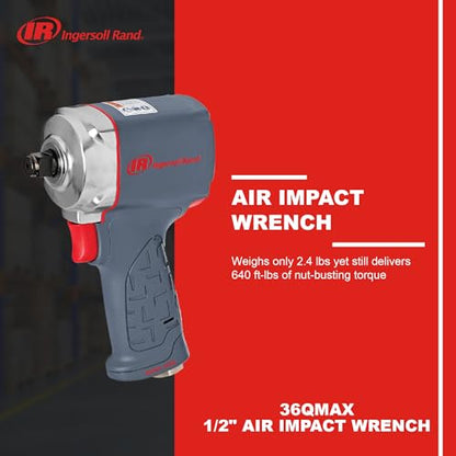 Ingersoll Rand 36QMAX 1/2" Drive Air Impact Wrench | Features up to 470 ft-lbs torque output, ideal for assembly, disassembly, and suspension work - style: 36QMAX - 1/2" Ultra-Compact Impact Wrench with Quiet Technology