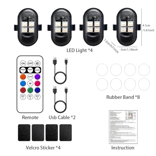 Upgraded 4PCS Mini Car Wireless LED Strobe Lights with Remote Control Wireless LED Lights for Car Motorcycle Bicycle Bike USB Rechargeable 8-Color Car Ambient Lighting Car Led Lights Interior