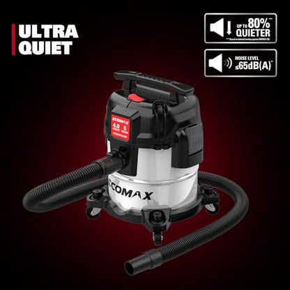 ECOMAX 5 Gallon Ultra Quiet Stainless Steel Shop Vacuum Wet and Dry | 4 Peak HP, 80% Quieter Operation, Durable Long Life Motor, Portable Vacuum for Garage, Workshop, Jobsite, Complete Accessory