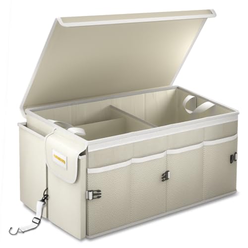 MIKKUPPA Car Trunk Organizer - 65L Collapsible Trunk Organizer with Lid, Sturdy Car Storage for SUV Auto Truck Van with Adjustable Straps and Non Slip Bottom (White) - color: White, size: Large - With Lid