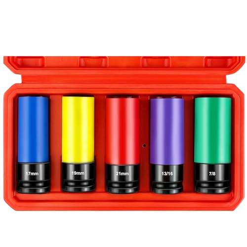 WETT 1/2-Inch Drive Lug Nut Socket Set, 5-Piece Wheel Protector Thin Wall Deep Impact Socket with Color-Coded Protective, (Metric 17mm, 19mm, 21mm & SAE 13/16" 7/8") CR-V Steel, 6 Point, Non-Marring - size: 5Pcs Metric & SAE