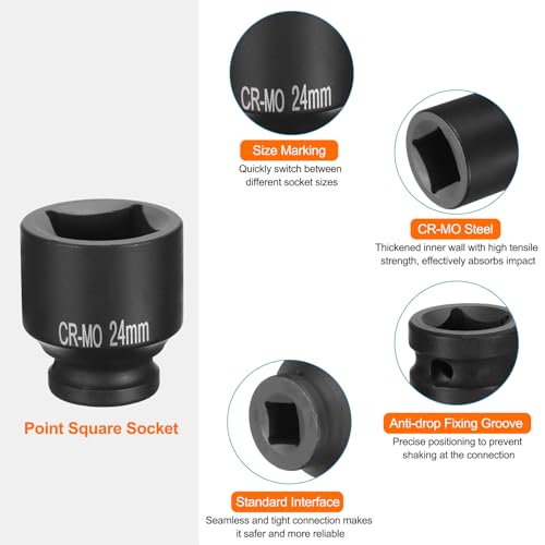 HARFINGTON 4 Point Square Socket 1/2" Drive 24mm Metric Square Impact Socket CR-MO Blackening Standard Wheel Sockets Pneumatic Socket Tool for Auto Repair Mechanical Maintenance Home Use - size: 24mm
