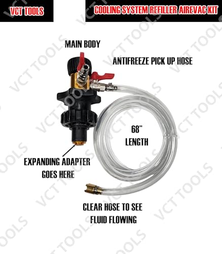 VCT 8pc Coolant System Refiller Kit, 3 Adapters, Remove Air Trapped in Cooling System, Test Radiator and Heating Core Lines for Leaks, Fits Most Radiator Necks and Coolant Reservoirs