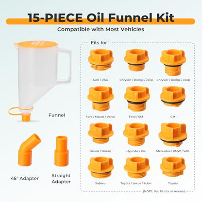 FOUR UNCLES 1.5L Oil Funnel Kit, Universal No-Spill Engine Oil Funnel with 14 Adapters Fits for Most Cars, Trucks & SUVs, Hands-Free Operation and Transparent Monitoring