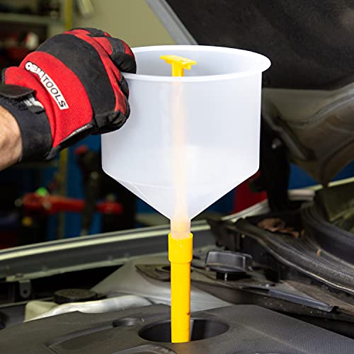 OEMTOOLS 87041 Drip Free Funnel for Automotive Fluids, 6 Piece Spill Proof Funnel Kit for Coolant, Oil and More, with Stopper, 45 Degree Elbows, 5 Inch Extension, White