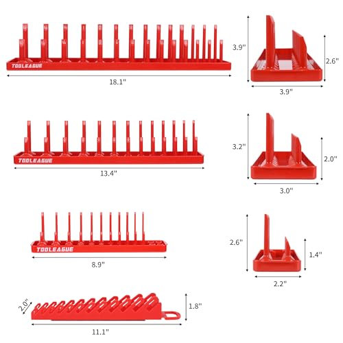 TOOLEAGUE 7Pcs Socket Organizer Tray and Magnetic Wrench Holder Set,Red SAE & Black Metric, 1/2", 1/4", 3/8" Socket Storage Trays for Tool Box Drawer - size: 7pcs