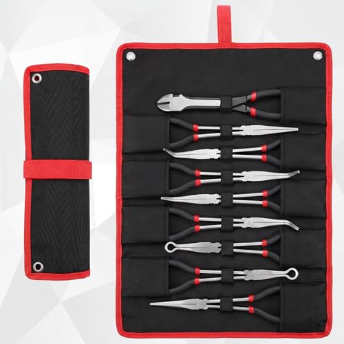 9 Piece 11 Inch Long Reach Pliers Set 45° 90° Bent, Circle, Diagonal Carbon Steel Needle Nose Pliers for Narrow Spaces and Limited Areas(Black) - color: Black