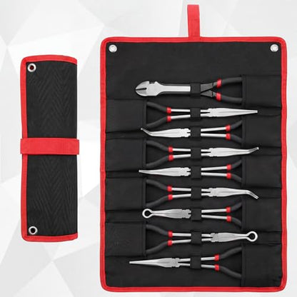9 Piece 11 Inch Long Reach Pliers Set 45° 90° Bent, Circle, Diagonal Carbon Steel Needle Nose Pliers for Narrow Spaces and Limited Areas(Black) - color: Black