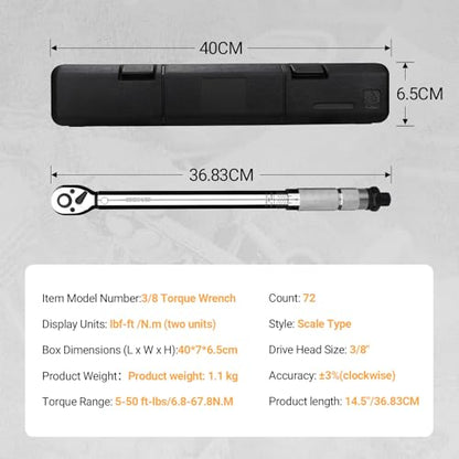 DEKOPRO Torque Wrench 3/8 Inch Drive Click, 5-50 Ft-Lb/6.8-67.8 Nm Torque Wrench, ±3% High Precision, 72 Tooth Torque Wrenches with Dual-Direction Adjustable for Bike Motorcycle and Car Repair - size: 3/8 Inch (5-50 ft.-lb.)