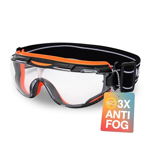 DEX FIT Safety Goggles SG220, Wide-Vision Lab & Chemical Splash Eye Protection, Anti-Fog & Scratch Resistant, Soft Seal, Z87.1 Approved; Black/Orange, Clear Lens, 30mm Strap, 1 PC - color: Black/Blue - Orange - 30mm