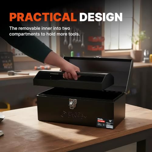 Black Canyon 16 Inch Tool Box, Metal Tool Box, 0.8mm Carbon Steel, Portable&Padlockable, 4 Non-Slip Foot Pads, Ideal for Trailer, Mechanic, DIY-ers, Car Toolbox, Workshops, Garages, Repair Shops - size: 16 IN/STL