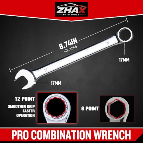 zhax 17mm Metric Combination Wrench, 12 Point Box End, 15 Degree Offset Design, Mirror Polish Finish, Forged CR-V Steel, Hand Tools for Mechanics, Ideal for Auto and Home Repair - size: 17mm