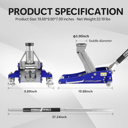 1.5T Low Profile Racing Jack, 3000 lb, Dual Pump, Aluminum and Steel, Blue | Lightweight aluminum/steel, dual-pump quick lift, 3.5"-14" range, side handle, safety overload. - size: 1.5T Aluminum & Steel Blue