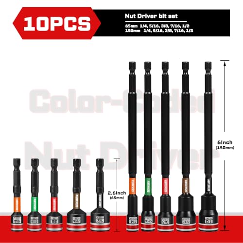 Geinxurn Impact Nut Driver Set, 10 Pieces 2.56”6”Long 1/4”5/16”3/8”7/16” 1/2”6 Point Alloy Steel Magnetic SAE Nut Setter Set Use For Require Installing 1/4 Hex Shank Impact Driver with Case Box - size: 2.56"/6", style: MIXS-10pcs